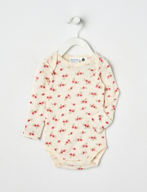Milly & Milo Merino Flower Long-Sleeve Bodysuit, Ballet Pink product photo