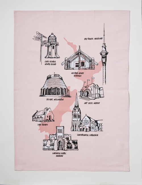 New Zealand Attractions Tea Towel, Set of 2, Pink & Green product photo View 02 L