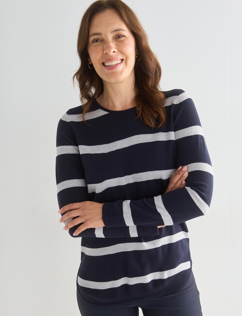 Ella J Stripe Curved Hem Jumper, Navy product photo