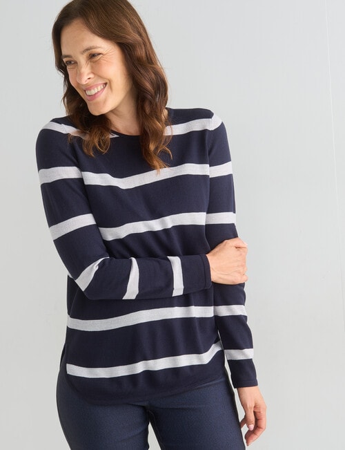 Ella J Stripe Curved Hem Jumper, Navy product photo View 05 L