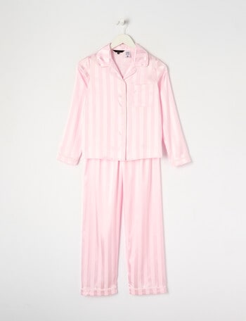 Sleep Squad Jacquard Stripe Long Sleeve Satin PJ Set, Light Pink, 10-16 product photo