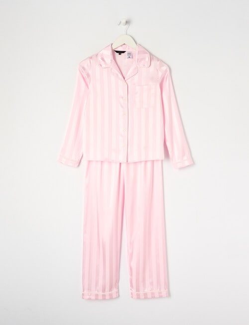 Sleep Squad Jacquard Stripe Long Sleeve Satin PJ Set, Light Pink, 10-16 product photo