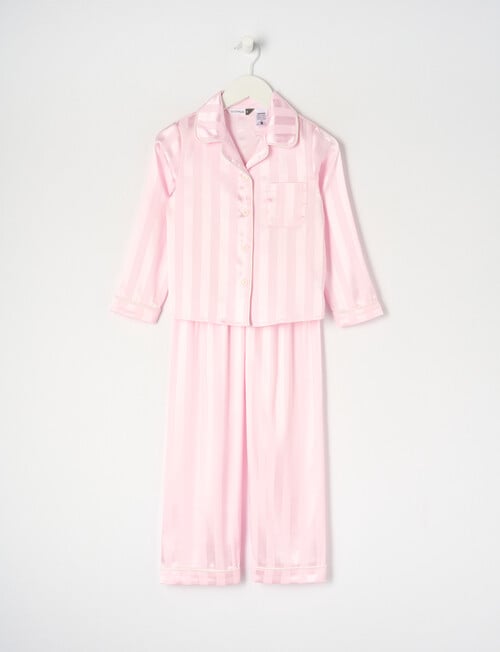 Sleep Mode Jacquard Stripe Long Sleeve Satin PJ Set, Light Pink, 2-8 product photo