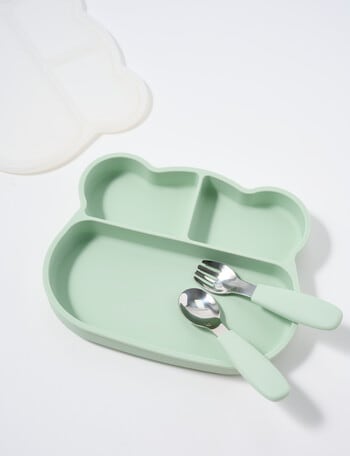 Teeny Weeny Silicone Bear Plate & Cutlery Set, Green product photo