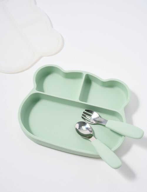 Teeny Weeny Silicone Bear Plate & Cutlery Set, Green product photo