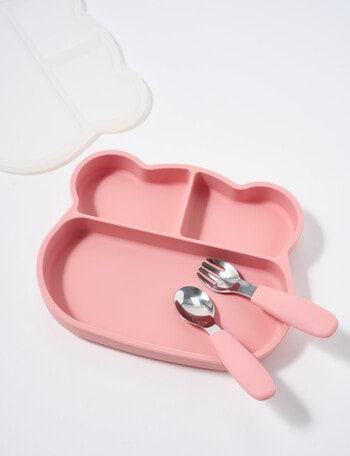 Teeny Weeny Silicone Bear Plate & Cutlery Set, Pink product photo