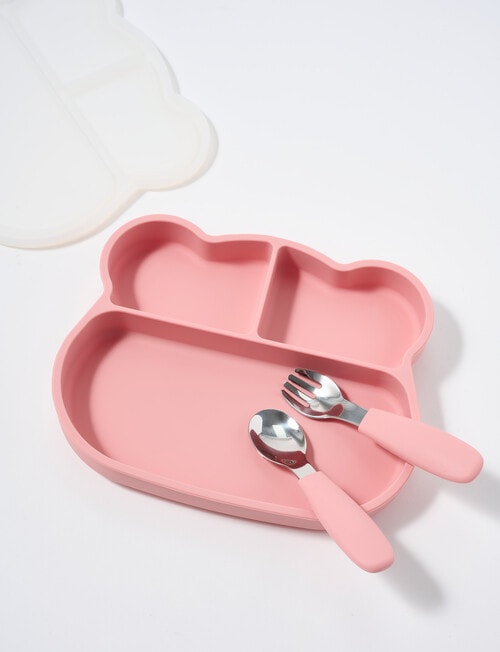 Teeny Weeny Silicone Bear Plate & Cutlery Set, Pink product photo