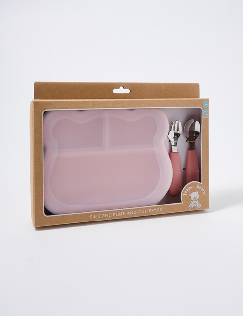 Teeny Weeny Silicone Bear Plate & Cutlery Set, Pink product photo View 02 L
