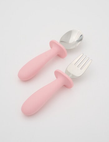 Teeny Weeny Silicone & Stainless Steel Fork & Spoon Set, Pink product photo