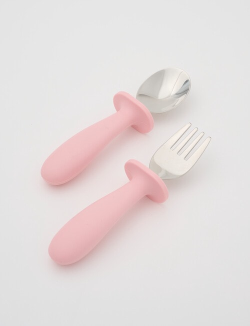 Teeny Weeny Silicone & Stainless Steel Fork & Spoon Set, Pink product photo