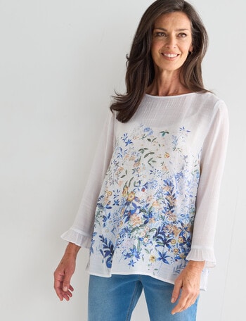 Ella J Ruffle 3 & 4 Sleeve Border Print Top, Sage Print product photo