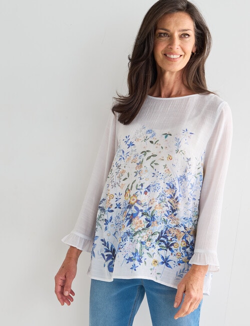 Ella J Ruffle 3 & 4 Sleeve Border Print Top, Sage Print product photo