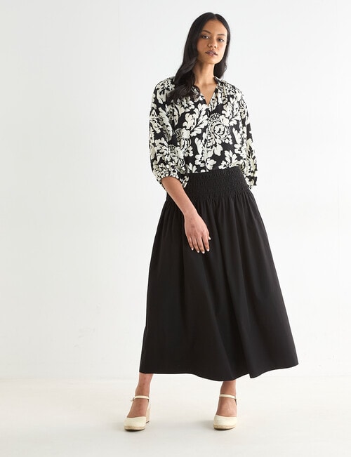Whistle Shirred Waist Poplin Skirt, Black product photo View 03 L