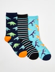 Simon De Winter Dino Stripe Crew Sock, 3 Pack, Blue 2-10 product photo