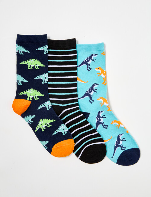 Simon De Winter Dino Stripe Crew Sock, 3 Pack, Blue 2-10 product photo