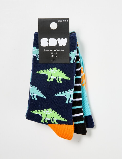 Simon De Winter Dino Stripe Crew Sock, 3 Pack, Blue 2-10 product photo View 02 L