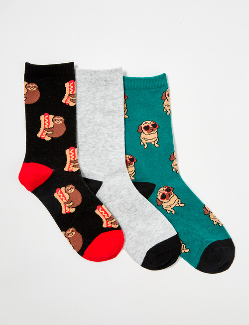 Simon De Winter Fun Crew Sock, 3 Pack, Black, Grey & Teal, 8-16 product photo