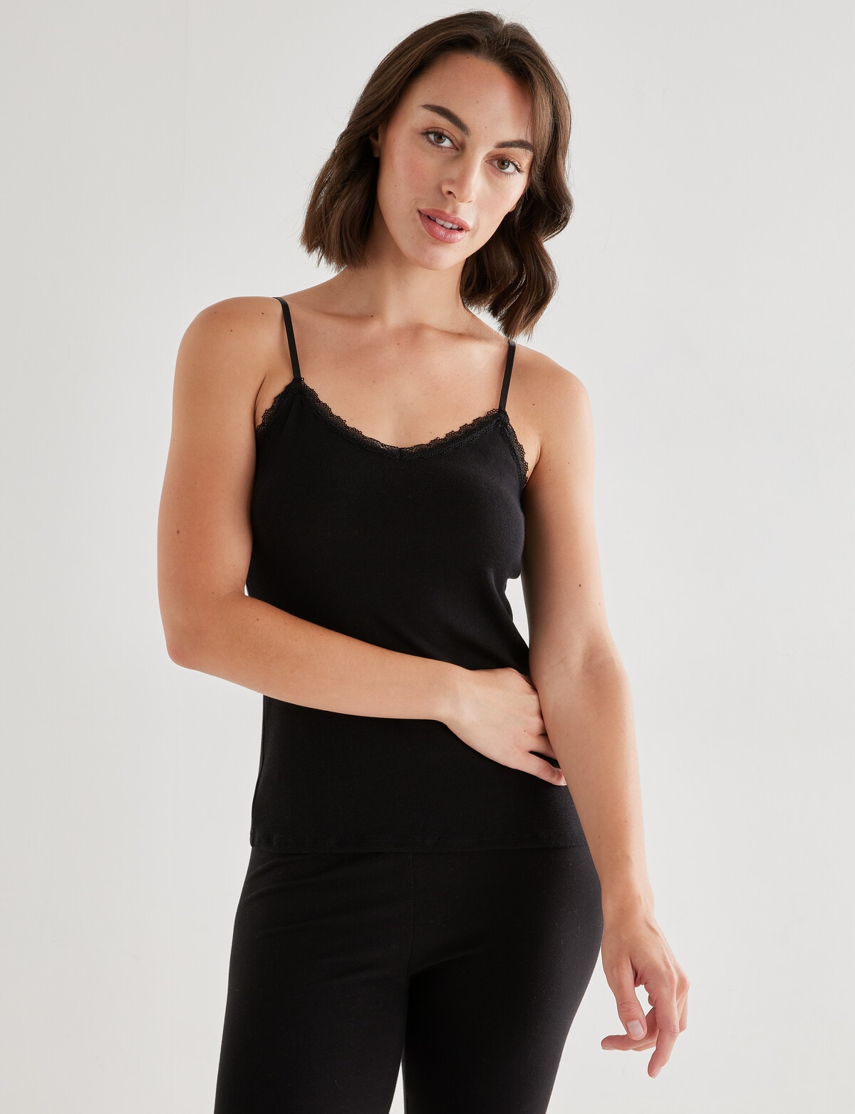 Essence Thermals Merino Cotton Lace Trim Cami, Black, 10-18 - Tops