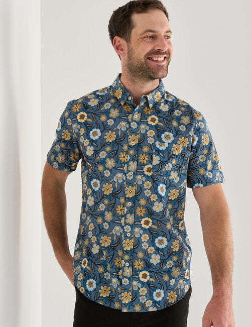 Gasoline Floral Print Short Sleeve Shirt, Blue product photo View 05 L