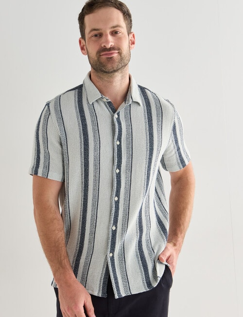 Gasoline Stripe Knitted Short Sleeve Resort Shirt, White product photo