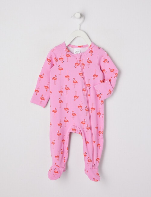 Teeny Weeny Sleep Flamingos Stretch Cotton Sleepsuit, Peony Pink product photo