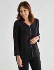 Ella J Button Through 3/4 Sleeve Top, Black product photo