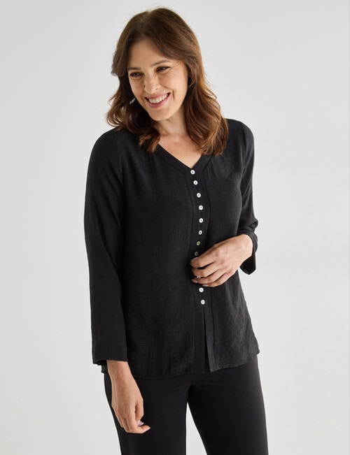 Ella J Button Through 3/4 Sleeve Top, Black product photo