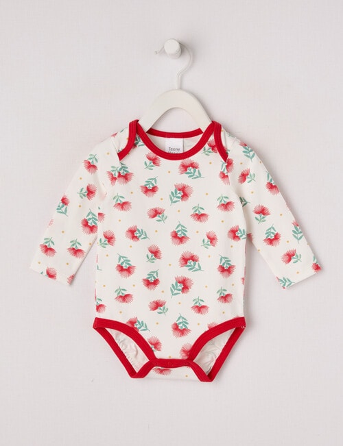 Teeny Weeny Slogan Kiwiana Pohutukawa Long-Sleeve Bodysuit, Optical White product photo