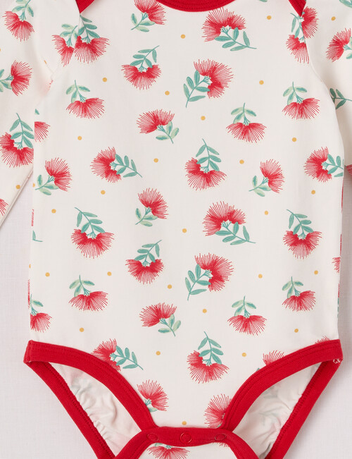 Teeny Weeny Slogan Kiwiana Pohutukawa Long-Sleeve Bodysuit, Optical White product photo View 02 L