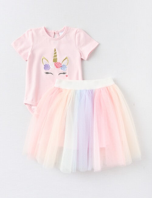 Teeny Weeny All Dressed Up Party Dress & Bodysuit, 2-Piece Set, Rainbow & Powder Pink product photo