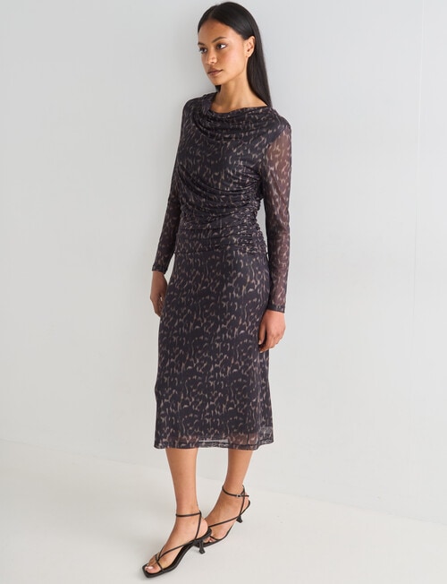 Whistle Animal Print Long Sleeve Mesh Midi Dress, Black product photo View 05 L