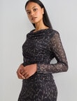 Whistle Animal Print Long Sleeve Mesh Midi Dress, Black product photo