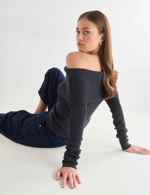 Mineral Percey Off Shoulder Sweater, Charcoal Marle product photo
