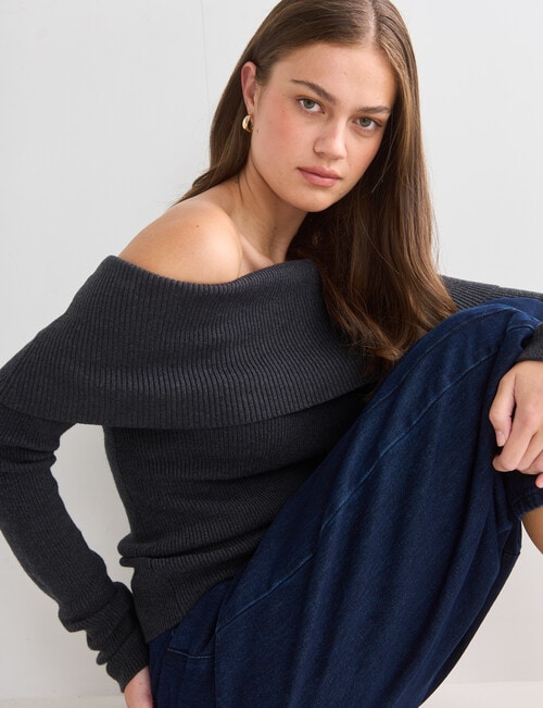 Mineral Percey Off Shoulder Sweater, Charcoal Marle product photo View 06 L