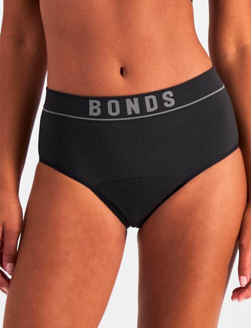 Bonds Bloody Comfy Period Undies Retro Rib Moderate Hi Hi Brief, Black, 8-20 product photo