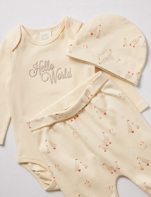 Little Bundle Hello World Bodysuit, Crawlers & Hat Set, 3-Piece, Vanilla product photo View 02 L
