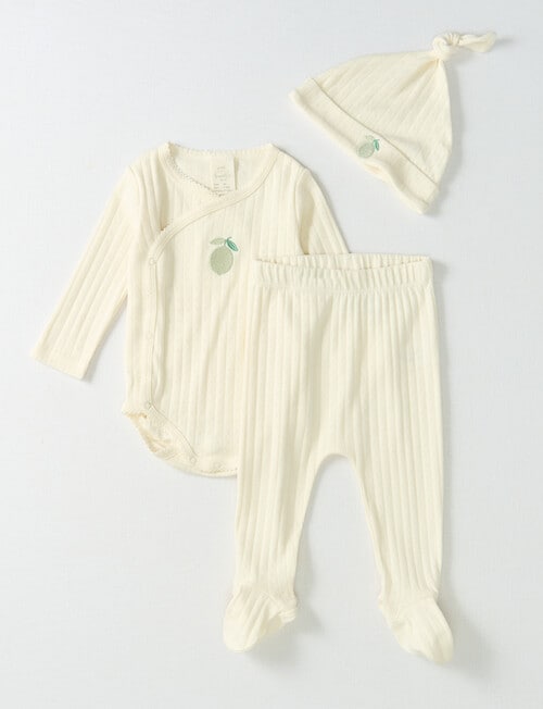 Little Bundle Lime Pointelle Bodysuit, Crawlers & Hat Set, 3-Piece, Vanilla product photo