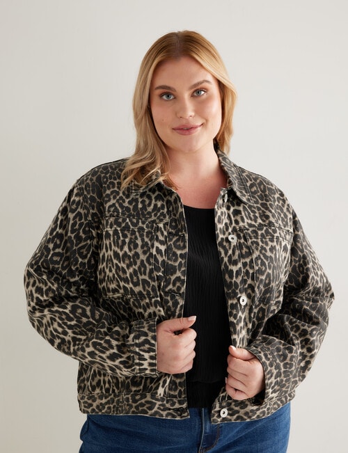 Denim Republic Curve Animal Printed Denim Jacket, Brown product photo