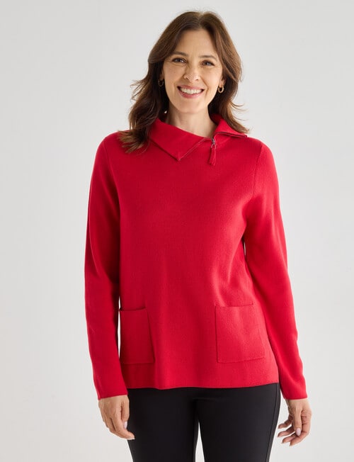 Ella J Zip Neck Long Sleeve Jumper, Red product photo