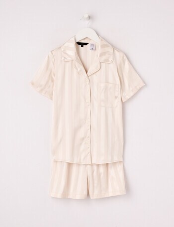Sleep Squad Jacquard Stripe Satin Short PJ Set, Stone, 8-16 product photo