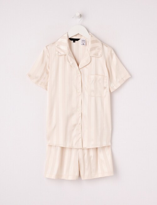 Sleep Squad Jacquard Stripe Satin Short PJ Set, Stone, 8-16 product photo