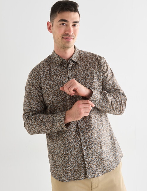 L+L Floral All Over Print Long Sleeve Shirt, Brown product photo