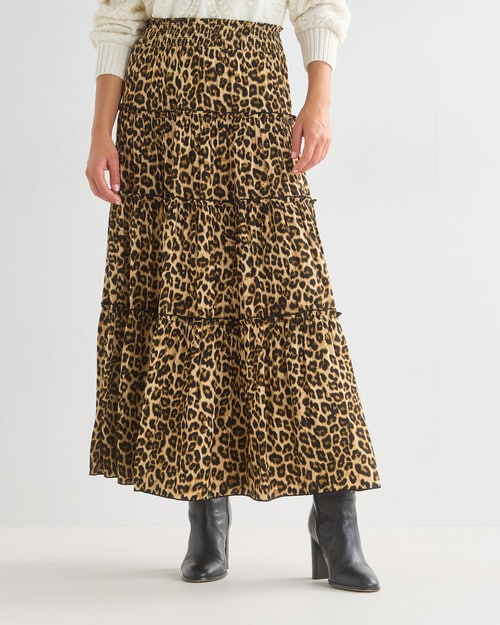 Whistle Animal Print Satin Tiered Maxi Skirt, Beige product photo