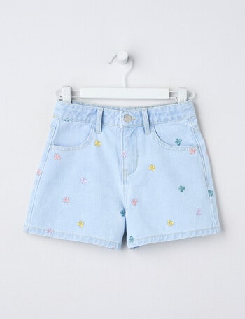 Mac & Ellie Embroidered Bows Relaxed Denim Short, Light Blue product photo