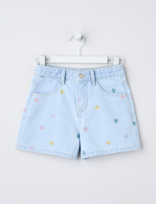 Mac & Ellie Embroidered Bows Relaxed Denim Short, Light Blue product photo