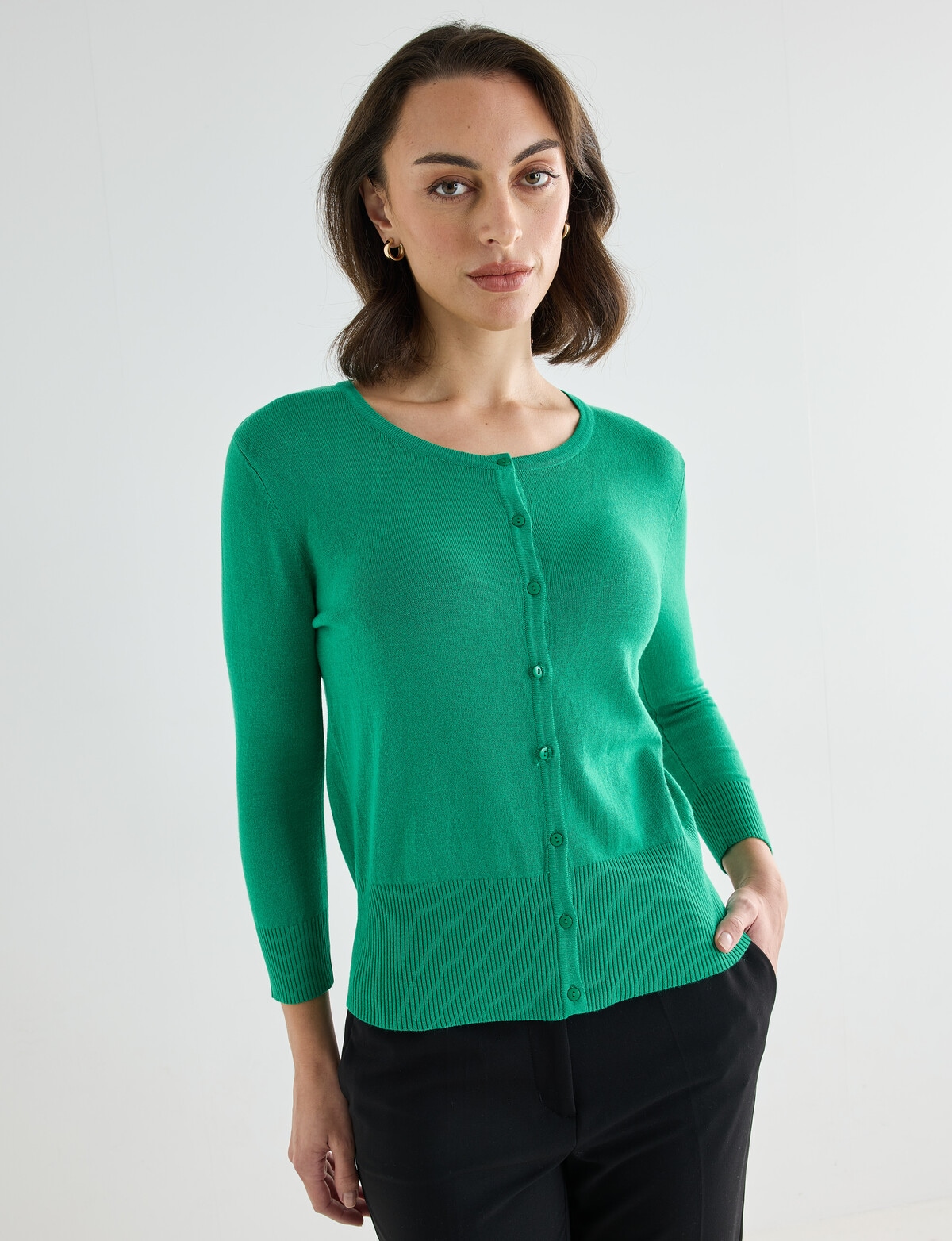 Oliver Black Crew Neck Cardigan, Green - Knitwear