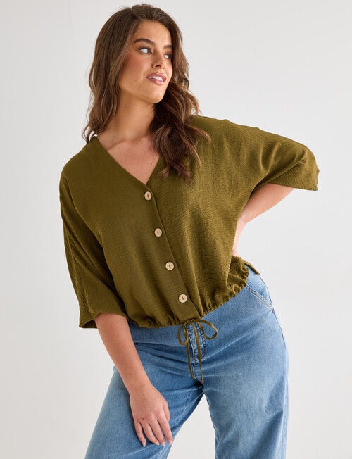 Whistle V-Neck Tie Hem Top, Olive product photo View 12 L