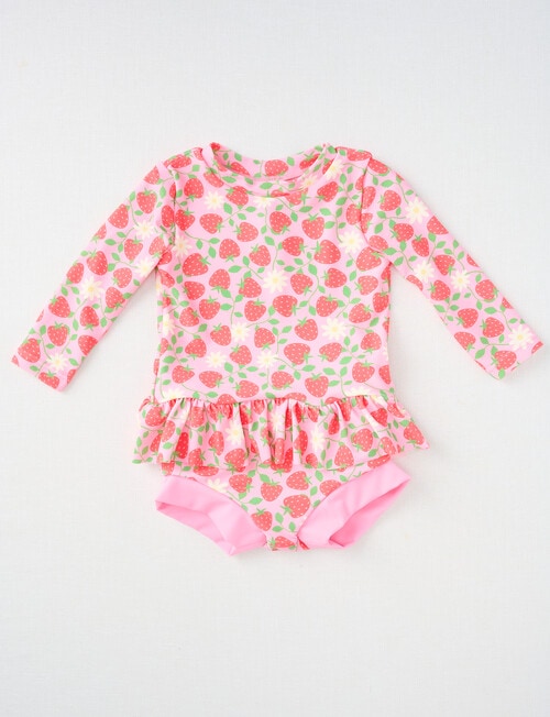 Teeny Weeny Strawberry Long-Sleeve Swim Top & Nappy Set, 2-Piece, Pink product photo View 02 L