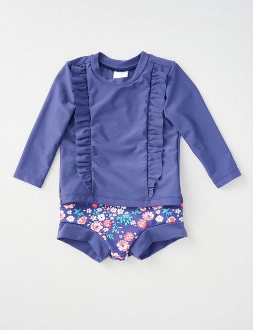 Teeny Weeny Ditsy Flower Long-Sleeve Swim Top & Nappy Set, 2-Piece, Navy product photo View 02 L