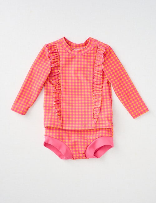 Teeny Weeny Check Long-Sleeve Swim Top & Nappy Set, 2-Piece, Coral product photo View 02 L